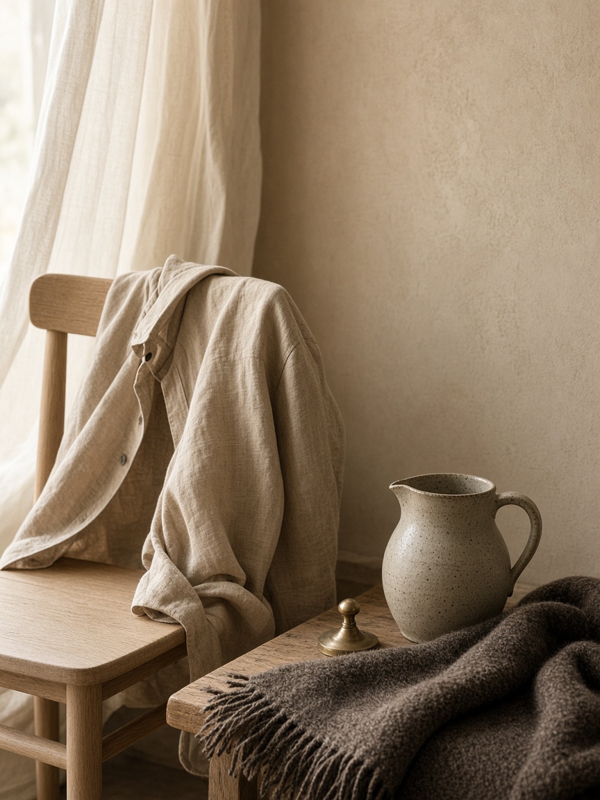 Linen, stoneware, and wool arranged in a sunlit atelier